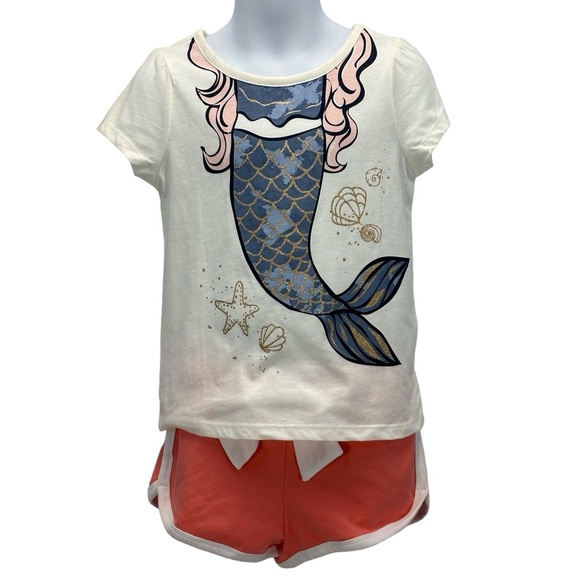 Bundle: Mermaid Print T-Shirt & Elastic Waist Bow Front Shorts - Ivory Pink - 4T - Picture 1 of 11